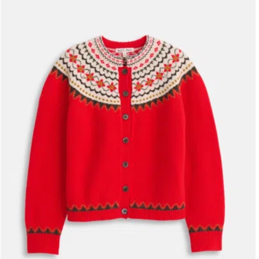 Alex Mill red merino wool fair isle cardigan, size L